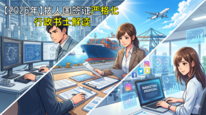 工厂作业、贸易实务与SNS运营的场景，展现“技人国”签证审查变严及拒签对策的封面图