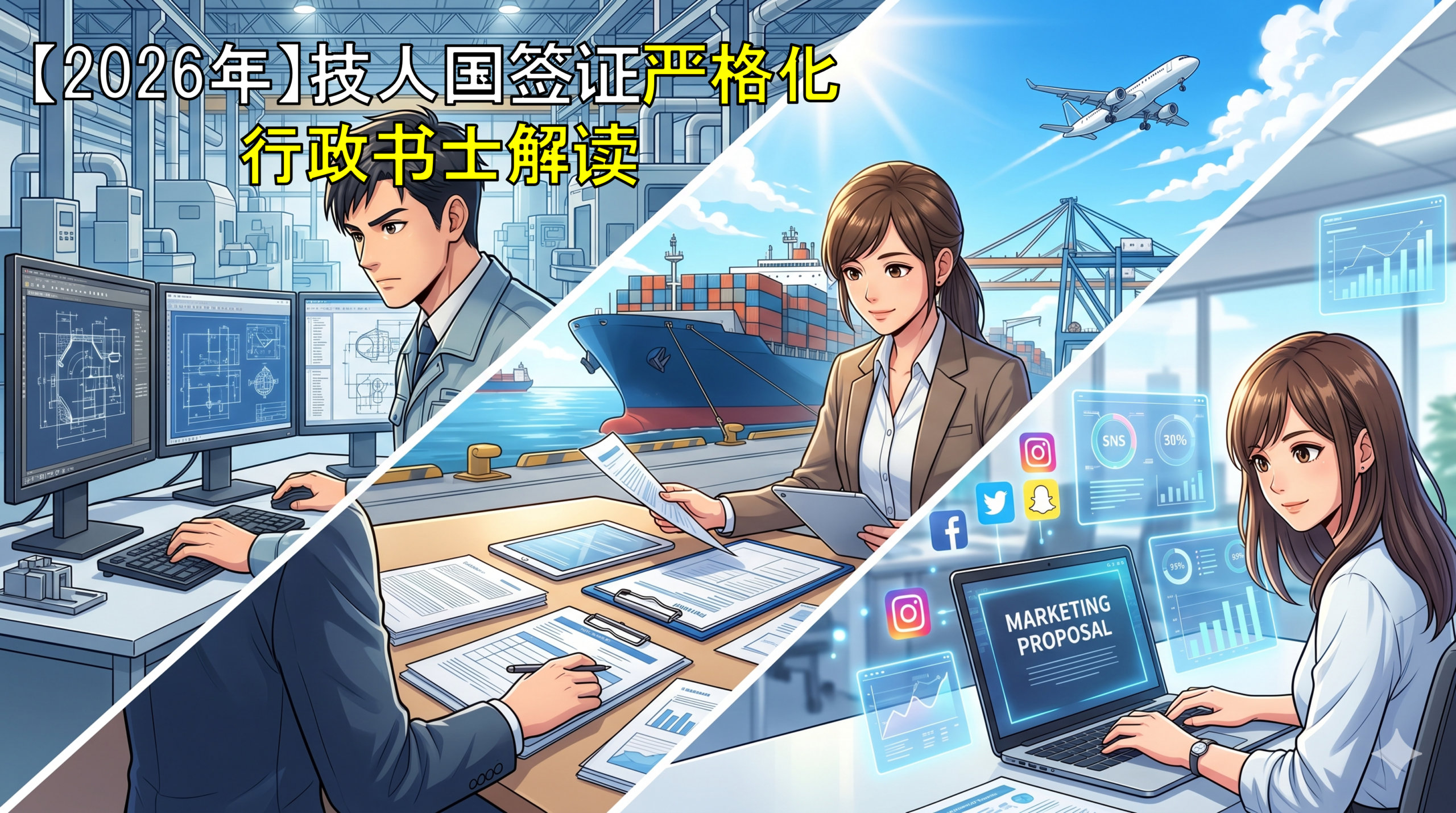 工厂作业、贸易实务与SNS运营的场景，展现“技人国”签证审查变严及拒签对策的封面图