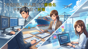 工場業務、貿易実務、SNS運営のイメージとともに、技人国ビザの審査厳格化と不許可対策を示したアイキャッチ画像