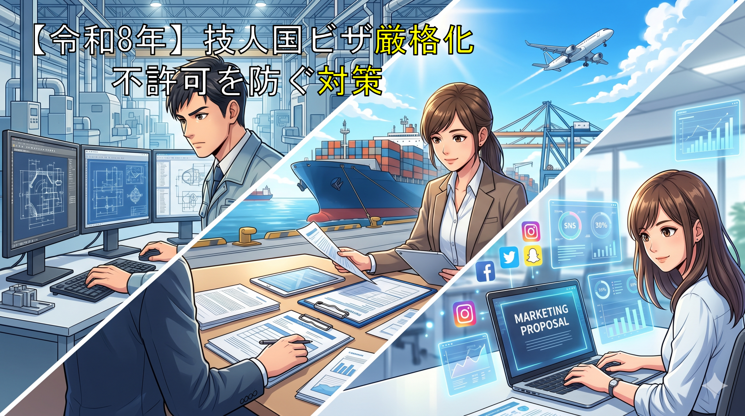 工場業務、貿易実務、SNS運営のイメージとともに、技人国ビザの審査厳格化と不許可対策を示したアイキャッチ画像